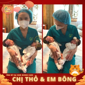 Các điều dưỡng viên của Nurse Care tiến hành dịch vụ tắm tại nhà cho chị Thỏ & em Bông (con mẹ Thảo, ba Tùng) 